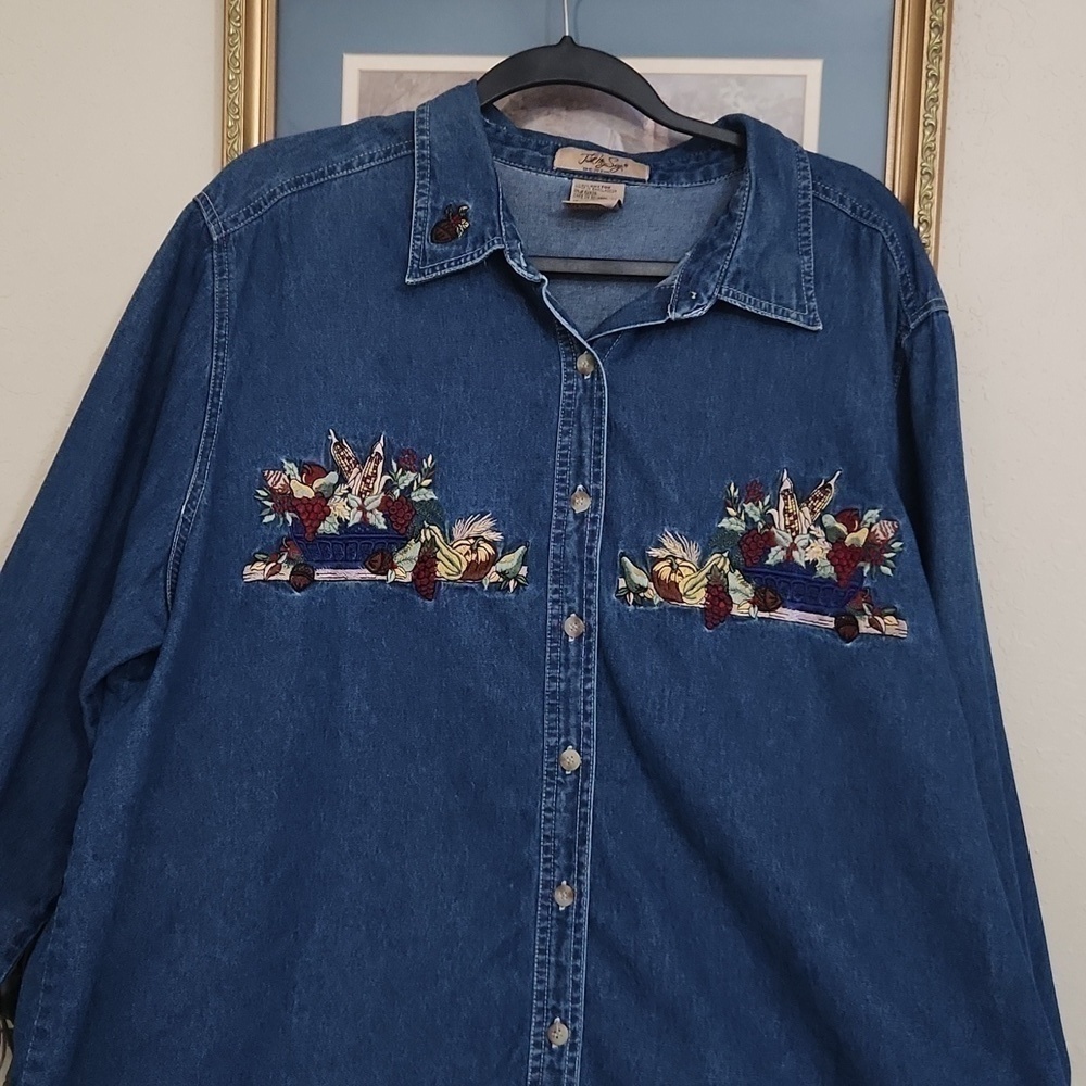 Vintage Fall Harvest Denim Top  Embroidered Autumn Pumpkin Patch Size 18 XL - Picture 10 of 11